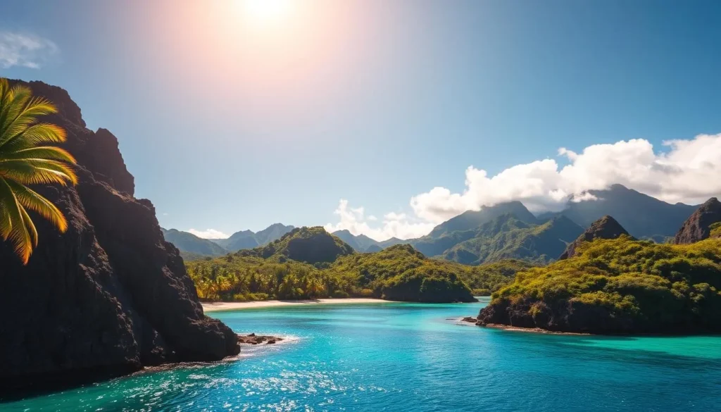 A lush, tropical landscape of Nuku Hiva Island, French Polynesia, under a warm, golden sun. In the foreground, towering volcanic cliffs plunge into crystal-clear turquoise waters, dotted with swaying palm trees. In the middle ground, a pristine white-sand beach curves around a tranquil bay, fringed by dense, verdant foliage. In the distance, majestic mountains rise up, their peaks shrouded in wispy clouds. The scene evokes a sense of untamed, natural beauty and adventure, inviting the viewer to explore this remote, exotic paradise.