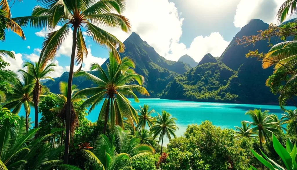 A lush, tropical landscape of the Marquesas Islands, French Polynesia, bathed in warm, golden sunlight. In the foreground, a vibrant, verdant forest teems with exotic flora - towering palm trees, ferns, and cascading vines. Further back, rugged volcanic peaks rise majestically, their slopes covered in dense, emerald vegetation. A pristine, azure lagoon reflects the sky's brilliant hues, inviting the viewer to explore its serene, crystal-clear waters. The atmosphere is one of tranquility and natural beauty, capturing the essence of this remote, unspoiled paradise.