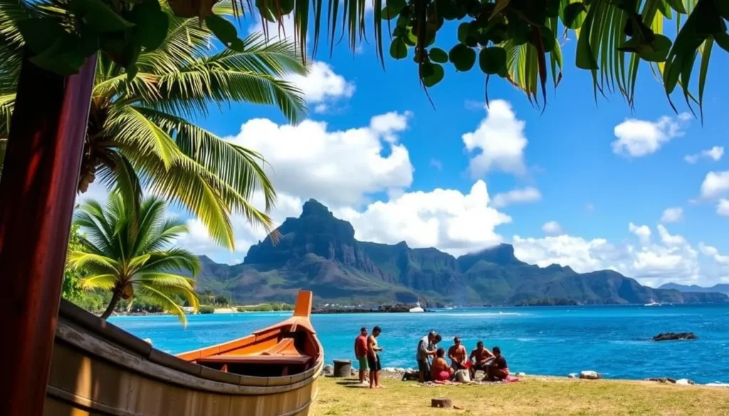 A lush tropical landscape on Pitcairn Island, with a traditional wooden boat moored in the foreground, its hull gleaming in the warm sunlight. In the middle ground, a group of islanders gather around a fire, sharing stories and preparing a traditional Polynesian feast. In the background, the iconic volcanic cliffs rise up, their jagged peaks silhouetted against a brilliant blue sky dotted with fluffy white clouds. The scene exudes a sense of timelessness and cultural heritage, capturing the unique spirit and traditions of this remote Pacific island community.