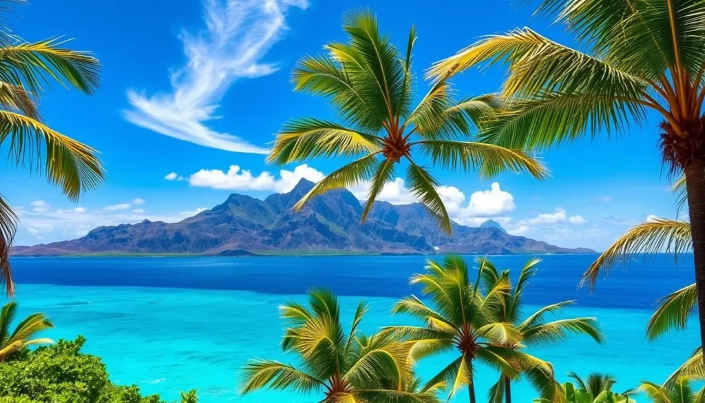 A lush tropical landscape on Ua Pou Island, French Polynesia, under a bright, clear sky. In the foreground, vibrant green palm trees sway gently in the breeze. In the middle ground, rugged volcanic peaks rise majestically, their jagged silhouettes framed by wispy clouds. The azure waters of the Pacific Ocean stretch out to the horizon, sparkling in the warm sunshine. A sense of tranquility and natural beauty pervades the scene, inviting the viewer to imagine the ideal time to visit this remote and enchanting island paradise.