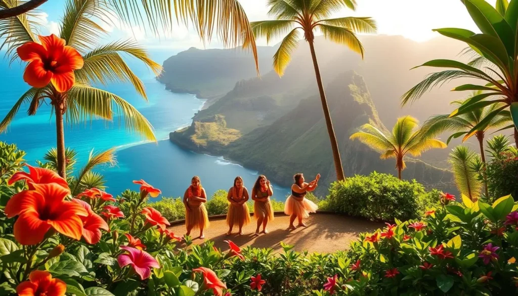 A lush tropical landscape on the island of Kauai, Hawaii. In the foreground, vibrant Hawaiian flora including colorful hibiscus flowers, swaying palm trees, and verdant foliage. In the middle ground, a group of hula dancers performing a traditional dance, their grass skirts and flower leis swaying gracefully in the gentle breeze. In the background, a stunning vista of the emerald green Napali Coast cliffs, with the crystal clear waters of the Pacific Ocean glistening in the warm afternoon sunlight. The scene is suffused with a sense of cultural heritage, harmony with nature, and the welcoming spirit of aloha.