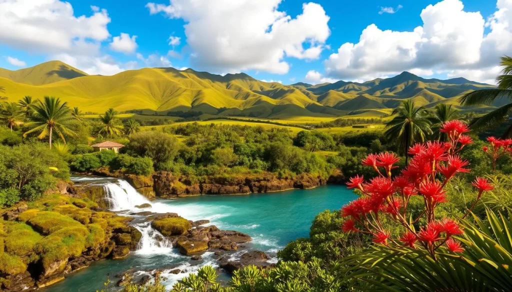A lush tropical landscape on the island of Molokai, Hawaii. In the foreground, a cascading waterfall known as Oloʻupena Falls, its turquoise waters flowing over moss-covered rocks. In the middle ground, native Hawaiian plants and flowers, including vibrant red ʻōhiʻa lehua blossoms, symbolizing new life and growth. The background features rolling green hills and a clear, azure sky, with fluffy white clouds drifting overhead. The scene is bathed in warm, golden sunlight, creating a serene and peaceful atmosphere. The image conveys the natural beauty and cultural significance of this sacred site to the native Hawaiian people.