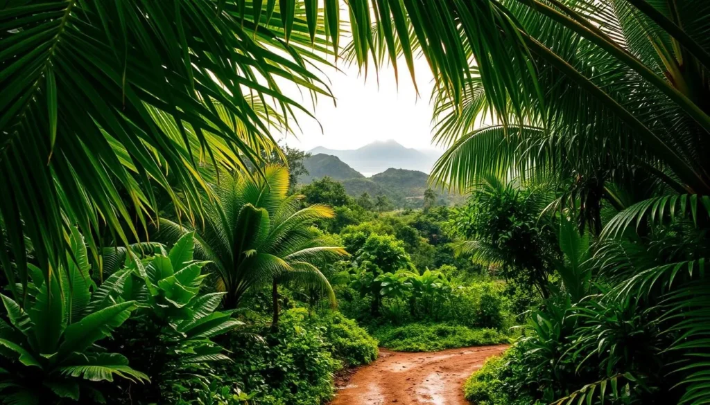 A lush tropical landscape, the island of Niue during the wet season. Verdant foliage glistens under the warm, diffused sunlight, droplets of rain cascading from broad palm fronds. In the foreground, a winding path leads through a dense jungle, its fertile soil nourished by the seasonal downpours. Distant hills rise in the background, their silhouettes obscured by a light mist. The air is thick with the earthy scent of petrichor, and the steady patter of raindrops creates a soothing natural melody. Capture the essence of Niue's vibrant wet season, a time of lush growth and restorative rains.
