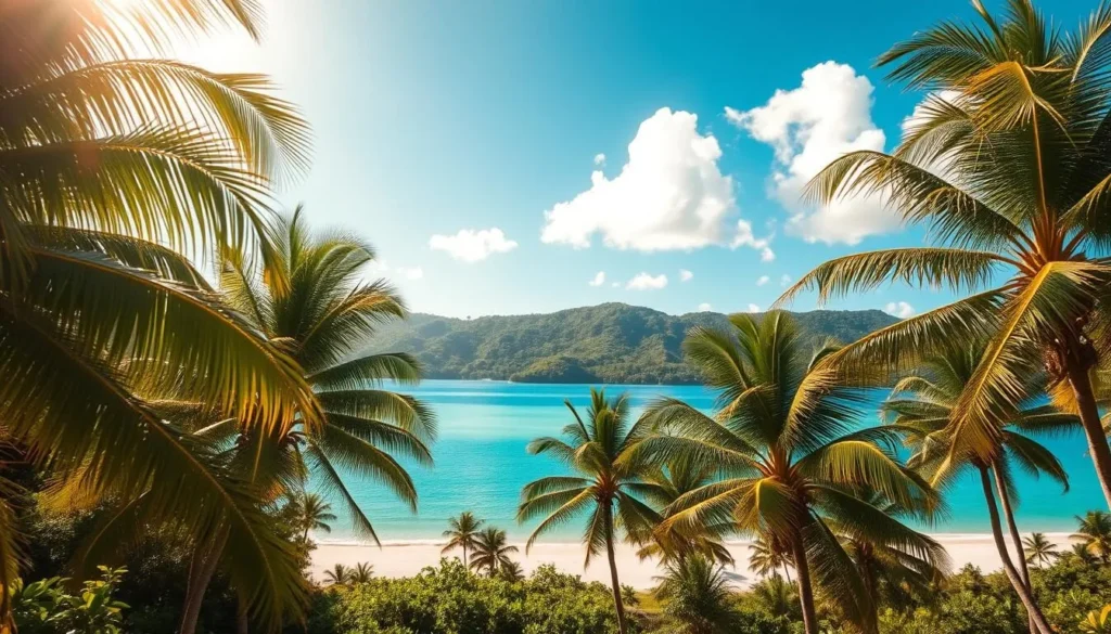 A lush tropical landscape under a bright, cloudless sky. In the foreground, swaying palm trees cast dappled shadows on the verdant ground. A tranquil azure ocean stretches out to the horizon, its gentle waves lapping at the pristine white sand beach. In the middle ground, rolling hills covered in dense, vibrant foliage rise up, hinting at the interior's untamed beauty. Warm, golden sunlight bathes the entire scene, creating a serene, idyllic atmosphere that captures the essence of the Northern Mariana Islands' two distinct seasons - the warm, humid summer and the slightly cooler, drier winter. A timeless, tropical paradise.