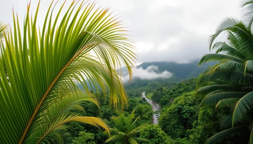 A lush tropical landscape under a cloudy, drizzly sky during Samoa's wet season. In the foreground, vibrant green palm fronds sway gently in a light breeze. The middle ground features a winding path through verdant foliage, with mist-shrouded hills rising in the distance. Warm, diffused lighting filters through the overcast conditions, creating a soft, atmospheric ambiance. The overall scene evokes a sense of tranquility and the refreshing embrace of the seasonal rains that nourish Samoa's verdant natural splendor.