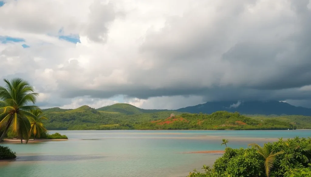 A lush tropical landscape under a vibrant sky, showcasing the rainfall patterns of Tuvalu. In the foreground, a tranquil lagoon reflects the soft clouds above, while palm trees sway gently in the warm breeze. The middle ground features rolling hills dotted with colorful flora, capturing the verdant essence of the island nation. In the distance, dramatic storm clouds gather, their shadows cast upon the land, hinting at the cyclical nature of Tuvalu's rainfall. The lighting is natural and diffused, creating a serene, atmospheric scene that captures the essence of Tuvalu's weather throughout the year.