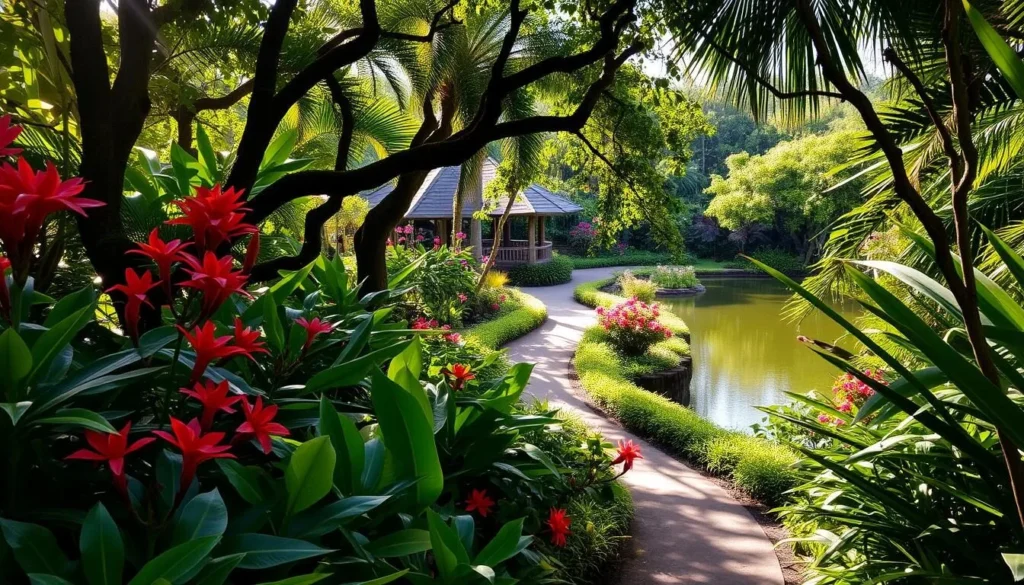A lush, tropical oasis at Princeville Botanical Gardens, Kauai, Hawaii. Vibrant foliage and exotic flowers in the foreground, with a winding path leading through the middle ground. Sunlight filters through the canopy, casting a warm glow over the scene. In the background, a tranquil pond reflects the surrounding greenery. A serene, inviting atmosphere, perfect for a peaceful stroll and exploring the diverse flora. Capture the beauty and serenity of this enchanting garden oasis.