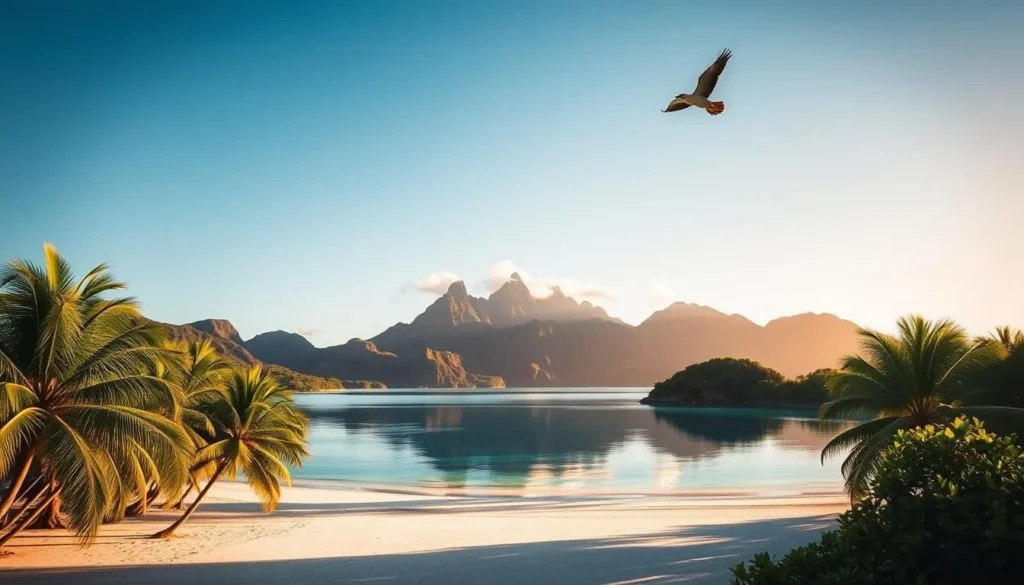 A lush, tropical paradise emerges, with verdant peaks and turquoise lagoons. Pristine white-sand beaches fringe the shore, dotted with swaying palm trees casting long shadows. In the distance, dramatic volcanic mountains rise, their jagged silhouettes reflecting in the calm, mirror-like waters. The warm, golden sunlight bathes the scene, creating a serene, inviting atmosphere. A bird soars overhead, its graceful movements adding to the tranquil ambiance. This is the Society Islands, a true gem of French Polynesia, where nature's beauty reigns supreme.