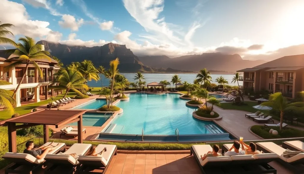 A lush tropical paradise nestled amidst swaying palm trees and pristine white sand beaches, the Four Seasons Resort Lanai stands majestically against a backdrop of rugged volcanic cliffs. Capture the serene ambiance with a wide-angle lens, showcasing the resort's elegant architecture and inviting pools, accentuated by warm, golden sunlight filtering through wispy clouds. In the foreground, guests lounge on plush cabanas, sipping refreshing cocktails and admiring the stunning turquoise waters of Hulopoe Bay. The middle ground reveals the resort's well-manicured gardens, while the distant mountains provide a stunning natural backdrop, creating a harmonious blend of luxury and unspoiled tropical beauty.