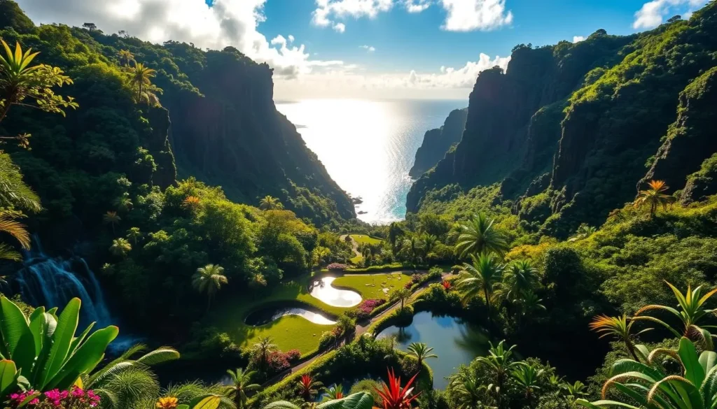 A lush, tropical paradise nestled in the verdant valleys of Kauai's north shore, Limahuli Garden showcases the stunning natural beauty beyond Ke'e Beach. Capture the vibrant hues of native flora, from the cascading waterfalls to the towering cliffs that frame the scene. Sunlight filters through the canopy, casting a warm, golden glow over the serene ponds and winding pathways. In the distance, the shimmering Pacific Ocean stretches towards the horizon, inviting exploration of this enchanting Hawaiian oasis. Utilize a wide-angle lens to fully immerse the viewer in this breathtaking natural wonder, conveying a sense of tranquility and wonder.