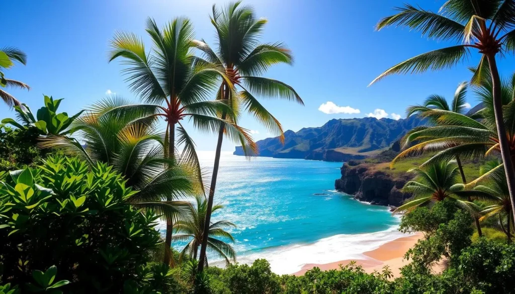 A lush, tropical paradise of Kauai, Hawaii on a bright, sunny day. Vibrant greens of verdant foliage and swaying palm trees frame a shimmering azure ocean, accented by the warm glow of the sun. In the foreground, a picturesque beach with pristine white sand and gentle waves lapping the shore, inviting visitors to bask in the island's natural beauty. The middle ground showcases the island's dramatic, rugged cliffs and lush, rolling hills, creating a breathtaking landscape. The background features a clear, cloudless sky, casting a serene and tranquil atmosphere over the entire scene. Utilize a wide-angle lens to capture the expansive, panoramic view, showcasing Kauai's idyllic and weather-perfect conditions for a memorable visit.