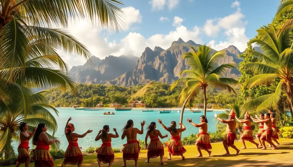 A lush tropical paradise on Tahuata Island, French Polynesia. In the foreground, a group of locals dressed in traditional Polynesian attire perform an energetic dance, their vibrant costumes and intricate movements capturing the essence of the island's rich cultural heritage. The middle ground reveals a picturesque village nestled amidst swaying palm trees, with thatched-roof huts and colorful outrigger canoes lining the pristine turquoise waters. In the background, rugged volcanic peaks rise majestically, their slopes blanketed in verdant foliage. Warm, golden sunlight filters through the lush canopy, casting a serene, idyllic glow over the entire scene. The overall atmosphere conveys a sense of timeless, authentic Polynesian charm and hospitality.