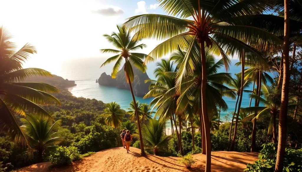 A lush tropical paradise where the ancient Daintree Rainforest meets the pristine waters of the Coral Sea. Towering palm trees sway gently in the warm breeze, casting playful shadows on the golden sand below. In the distance, the iconic Cape Tribulation headland juts out into the turquoise waves, its rugged cliffs a testament to the power of nature. The sun bathes the scene in a soft, golden glow, illuminating the vibrant greens of the rainforest and the shimmering blues of the ocean. Hikers traverse well-marked trails, taking in the breathtaking views and the diverse array of flora and fauna. A sense of tranquility and wonder pervades the air, as two UNESCO World Heritage sites converge in this truly unique and magnificent location.