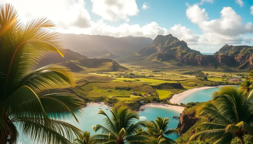 A lush, tropical paradise with verdant hills and rolling valleys. The sun's warm rays cast a golden glow over the rugged cliffs and serene beaches of Molokai, Hawaii's "Friendly Isle". In the foreground, swaying palm trees frame a picturesque cove with turquoise waters and pristine white sand. In the middle ground, rolling hills are dotted with traditional Hawaiian huts and small farms. The background features the majestic silhouette of the island's dramatic sea cliffs, carved by centuries of wind and waves. The scene conveys a sense of tranquility, natural beauty, and the island's unique, laidback culture. Captured with a wide-angle lens to provide a sweeping, panoramic view.