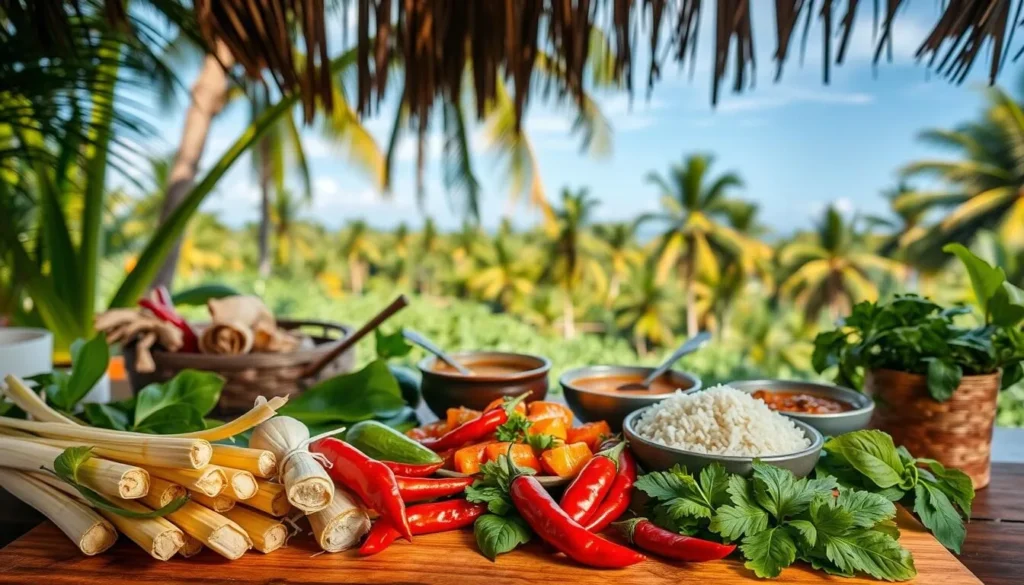 A lush, tropical setting with an array of Thai cuisine flavors. In the foreground, a vibrant array of ingredients: lemongrass, kaffir lime leaves, galangal, and chilies, arranged on a wooden cutting board. The middle ground features simmering curries, fragrant jasmine rice, and fresh herbs like basil and cilantro. In the background, a sweeping vista of verdant palm trees and a clear blue sky, illuminated by warm, natural lighting. The overall atmosphere is one of freshness, vibrancy, and an invitation to experience the complexity and depth of Thai culinary traditions.