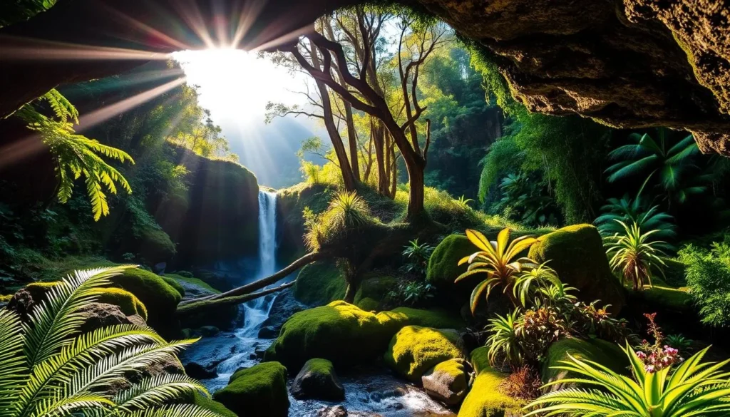 A lush, verdant Fern Grotto nestled in the heart of Kauai's tropical rainforest. Sunlight filters through the dense canopy, casting a warm, ethereal glow upon the serene, moss-covered rocks and cascading waterfall. In the foreground, vibrant ferns and flowering plants create a natural oasis, while the middle ground features a winding stream and towering, ancient trees. The background reveals the rugged, verdant mountains that frame this breathtaking natural wonder. Capture the tranquility and beauty of this hidden gem with a wide-angle lens, showcasing the harmony between land and water in this idyllic, Kauai landscape.