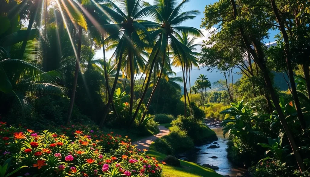 A lush, verdant Hawaiian bioreserve with towering palm trees, vibrant tropical foliage, and cascading waterfalls. Sunlight filters through the canopy, casting a warm, golden glow over the scene. In the foreground, colorful flowers bloom amid a winding path leading deeper into the reserve. The middle ground features a tranquil stream or pond, its surface reflecting the surrounding flora. In the background, distant mountains rise, their peaks shrouded in mist. The overall atmosphere is one of serene, natural beauty, inviting exploration and a deeper connection with the island's diverse ecosystem.