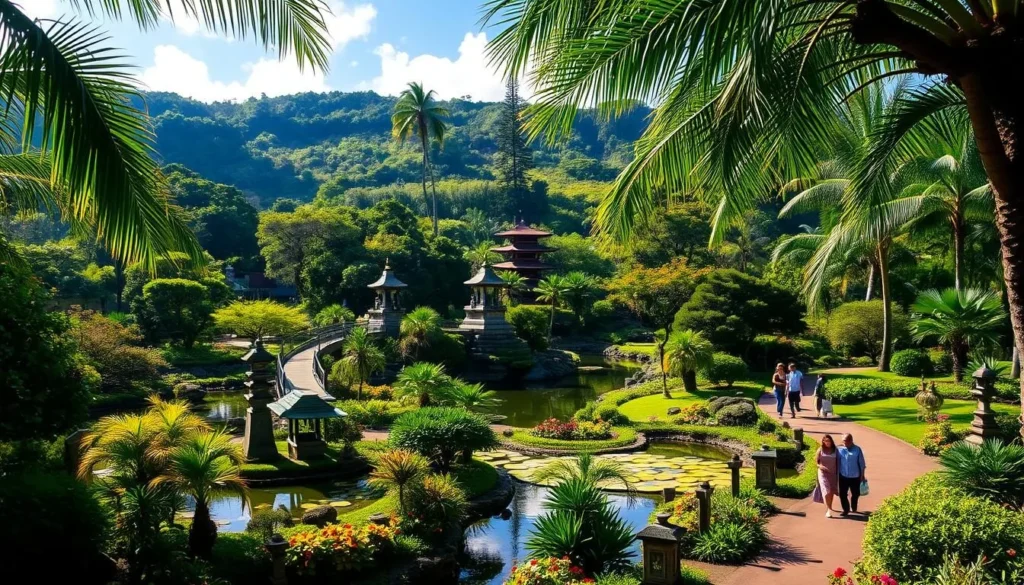A lush, verdant Japanese-style garden nestled along the Wailuku River on the Big Island of Hawaii. Tranquil ponds and bridges frame a picturesque landscape of vibrant greenery, ancient stone lanterns, and graceful pagodas. Gentle sunlight filters through the swaying palm trees, casting a warm glow over the serene scene. In the foreground, visitors leisurely stroll the winding paths, taking in the beauty and peacefulness of Lili'uokalani Gardens. The middle ground features a traditional arched bridge spanning a koi-filled pond, while the background showcases the lush, verdant hillsides of the surrounding tropical forest. The overall atmosphere evokes a sense of tranquility and harmony, inviting visitors to slow down and immerse themselves in the natural wonder of this iconic Hawaiian landmark.