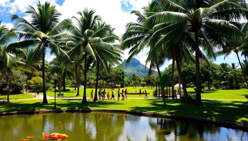 A lush, verdant Kapiolani Regional Park in Oahu, Hawaii on a sunny day. In the foreground, a picturesque pond with koi fish swimming lazily. Towering palm trees sway gently in the warm breeze, casting dappled shadows on the well-manicured lawns. In the middle ground, families enjoying a leisurely stroll, joggers passing by, and children playing on the playgrounds. In the background, the iconic Diamond Head crater looms majestically, its slopes draped in tropical greenery. The scene is infused with a sense of tranquility and natural beauty, inviting visitors to explore the park's many attractions.
