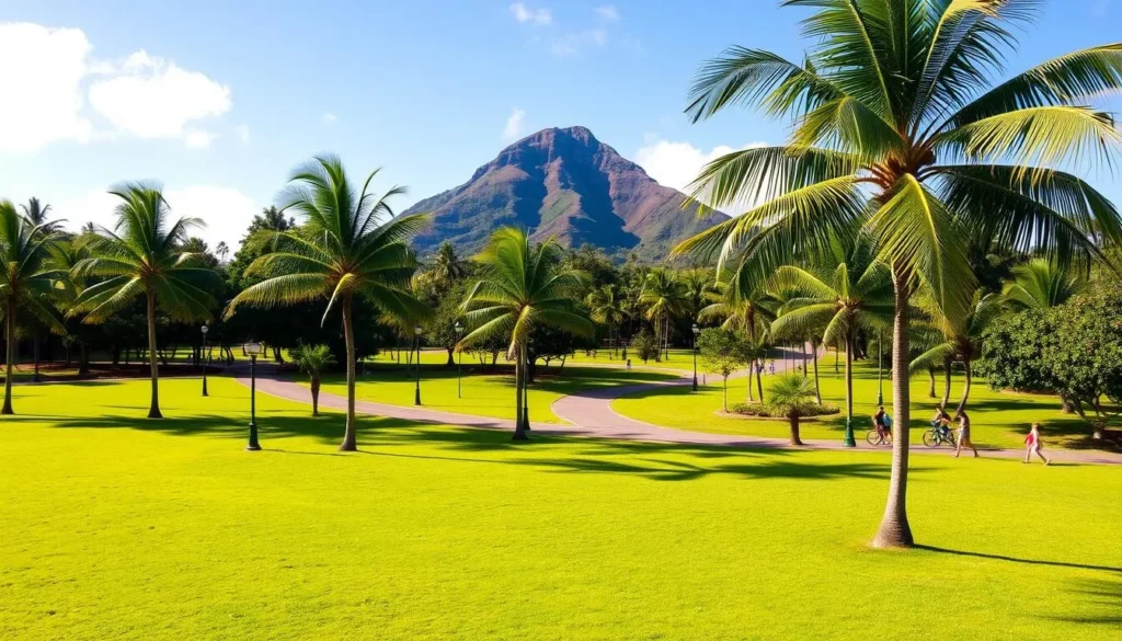 A lush, verdant Kapiolani Regional Park on a sunny day in Oahu, Hawaii. The foreground features a well-maintained lawn dotted with palm trees, their fronds gently swaying in the warm breeze. In the middle ground, a network of paved paths wind through the park, with joggers, cyclists, and families enjoying the scenic surroundings. In the background, the iconic Diamond Head crater rises majestically, its slopes covered in vibrant foliage. The lighting is soft and natural, casting a warm glow over the entire scene. Capture this tranquil and inviting oasis with a wide-angle lens to showcase the park's breadth and scale.