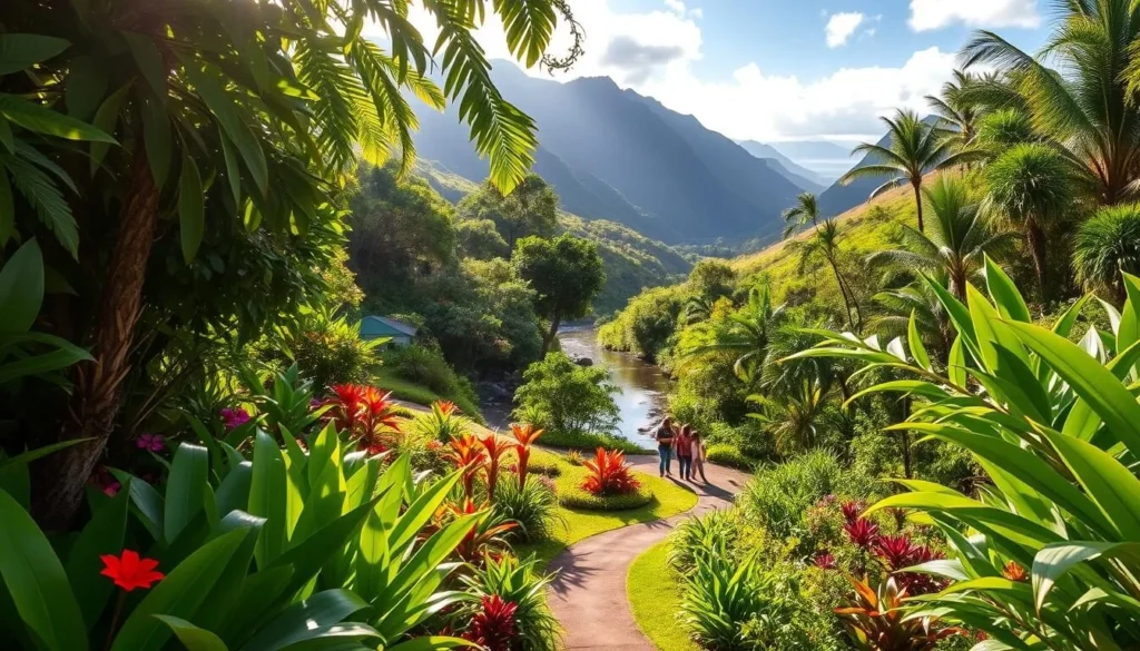 A lush, verdant Limahuli Garden nestled amidst the rolling hills of Kauai's north shore. Vibrant, tropical foliage frames the serene pathways, inviting visitors to immerse themselves in the beauty of native Hawaiian flora. Sunlight dapples through the canopy, casting a warm, golden glow over the well-tended garden beds. In the distance, a gently flowing stream meanders, its soothing sounds adding to the tranquil ambiance. Visitors stroll leisurely, pausing to admire the diverse array of plants and marvel at the stunning vistas of the Napali Coast. An oasis of calm and natural splendor, Limahuli Garden offers a captivating and enriching experience for all who venture within.