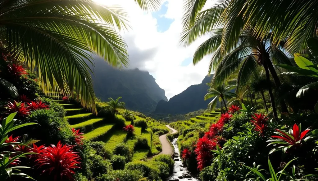 A lush, verdant Limahuli Garden nestled in the dramatic, cloud-capped peaks of Kauai's North Shore. Vibrant tropical foliage cascades down tiered terraces, framed by a shimmering stream winding through the landscape. Sunlight filters softly through swaying palm fronds, casting a warm glow over the serene scene. In the middle ground, a meandering footpath invites exploration, leading visitors deeper into this botanical oasis. The background features the iconic silhouette of the Napali Coast, its towering sea cliffs stretching toward the horizon. An oasis of tranquility, this image captures the essence of Limahuli Garden's stunning natural beauty and peaceful ambiance.
