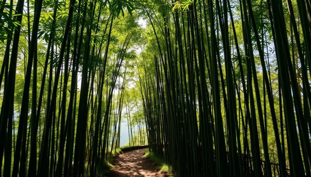A lush, verdant bamboo forest along the Pipiwai Trail in Maui, Hawaii. Towering, slender bamboo stalks sway gently in the warm breeze, their leaves rustling in a symphony of natural sounds. Dappled sunlight filters through the canopy, casting a soft, ethereal glow on the forest floor. In the middle ground, a winding path meanders through the bamboo, inviting the viewer to explore this enchanting, otherworldly landscape. The background fades into a tranquil, hazy horizon, creating a sense of calm and serenity. Capture the essence of this Maui treasure, a verdant oasis that transports the viewer to a realm of natural wonder and beauty.