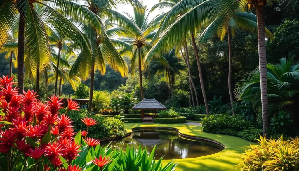 A lush, verdant botanical garden nestled in the heart of Princeville, Kauai. Towering palm trees sway gently in the warm breeze, casting dappled shadows upon the well-maintained paths below. In the foreground, vibrant tropical flowers bloom in abundant hues of red, purple, and yellow, showcasing the diverse flora of Hawaii. The middle ground features a serene pond, its surface mirroring the surrounding foliage. In the distance, a small, traditional Hawaiian hut stands as a testament to the island's cultural heritage, blending seamlessly with the natural landscape. Warm, diffused sunlight filters through the canopy, creating a tranquil and inviting atmosphere that captures the essence of the Princeville Botanical Gardens' sustainability practices and conservation efforts.
