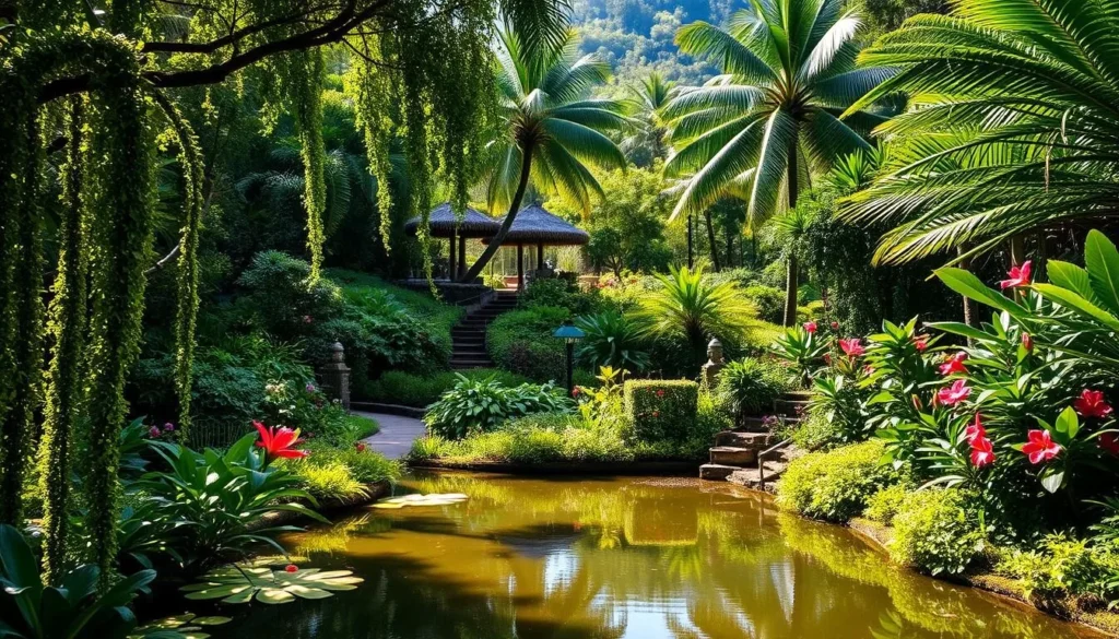 A lush, verdant botanical garden nestled in the heart of Waimea Valley, Oahu. Vibrant tropical foliage cascades down winding paths, leading visitors through a serene oasis of native Hawaiian plants and exotic blooms. Dappled sunlight filters through the canopy, casting a warm, natural glow across the scene. In the foreground, a serene pond reflects the surrounding greenery, its surface interrupted by the gentle movement of koi fish. The middle ground showcases a diverse array of flowering plants, from the delicate petals of orchids to the bold hues of hibiscus. In the background, towering palm trees sway gently in the breeze, framing the lush, verdant landscape. The overall atmosphere is one of tranquility and natural wonder, capturing the essence of Waimea Valley's botanical beauty.