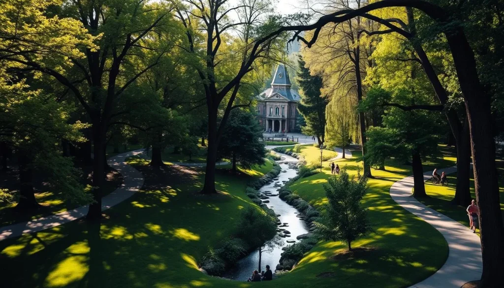 A lush, verdant expanse of Lithia Park, bathed in the warm glow of a sun-dappled afternoon. Towering trees cast gentle shadows over winding footpaths, inviting visitors to stroll leisurely through the serene landscape. A meandering stream cuts through the center, its soothing sounds creating a calming ambiance. In the distance, the historic Ashland Plaza emerges, framed by the park's natural beauty. Picnickers enjoy the tranquil setting, while joggers and cyclists weave through the idyllic scene. The overall atmosphere exudes a sense of timeless, outdoor tranquility, perfectly capturing the essence of Lithia Park.