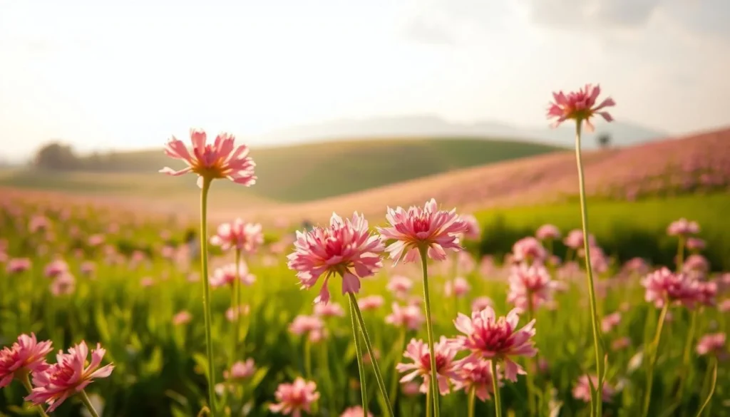 A lush, verdant field of delicate pink buckwheat flowers sways gently in the soft breeze. The petals are illuminated by warm, golden sunlight filtering through the clouds, casting a serene, dreamlike ambiance. In the foreground, the flowers are in sharp focus, their intricate textures and vibrant hues captivating the viewer. The middle ground features a rolling landscape of rolling hills blanketed in the pink blooms, leading the eye towards a distant mountain range silhouetted against a pale blue sky. The overall composition evokes a sense of tranquility and natural beauty, perfectly encapsulating the essence of a picturesque Vietnamese countryside.