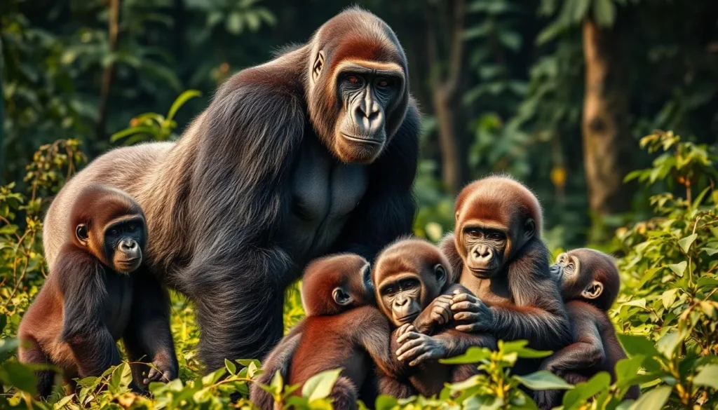 A lush, verdant forest backdrop sets the stage for a captivating encounter with a family of eastern lowland gorillas. In the foreground, a majestic silverback gorilla stands tall, its powerful frame bathed in soft, warm lighting that accentuates the intricate textures of its ebony fur. Surrounding the silverback, a group of curious juvenile gorillas playfully interact, their expressions conveying a sense of wonder and curiosity. The middle ground features a female gorilla tenderly nurturing her young offspring, showcasing the tight-knit family dynamics of this endangered species. The overall scene exudes a serene, peaceful atmosphere, inviting the viewer to become immersed in the tranquil, natural world of the eastern lowland gorillas.