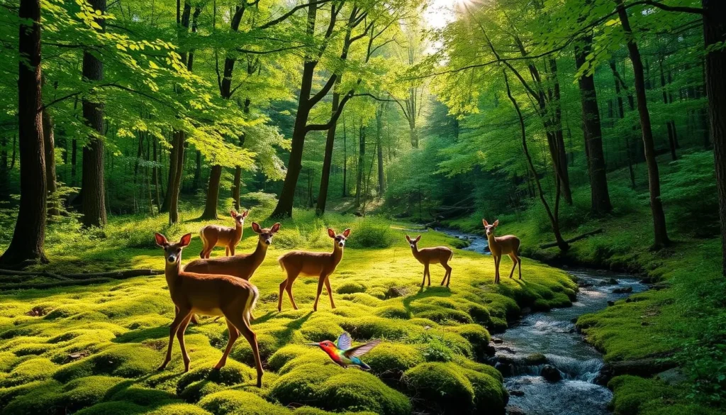 A lush, verdant forest clearing in the heart of Roaring River State Park, Missouri. A family of white-tailed deer graze peacefully, their alert ears and twitching tails capturing the tranquility of the scene. Brilliant sunlight filters through the canopy, casting a warm glow on the mossy undergrowth. A pair of ruby-throated hummingbirds dart from flower to flower, their iridescent feathers shimmering. In the distance, the gentle burbling of a stream can be heard, inviting visitors to pause and immerse themselves in the natural wonder of this enchanting wildlife haven.