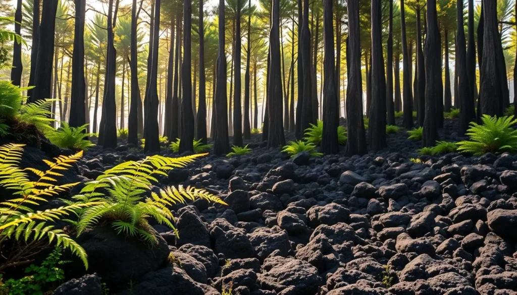 A lush, verdant forest emerges from a sea of dark, cooled lava flows. Towering, slender basalt columns stand tall, their rigid forms frozen in time, a testament to the power of ancient volcanic eruptions. Sunlight filters through the canopy, casting a warm, golden glow over the otherworldly landscape. In the foreground, delicate ferns and mosses cling to the rugged, textured lava, creating a tapestry of organic and inorganic forms. The middle ground reveals the intricate patterns and contours of the solidified lava, while the background fades into a hazy, atmospheric distance, hinting at the larger volcanic landscape. This serene, tranquil scene captures the unique and captivating essence of the Lava Cast Forest, a true natural wonder.