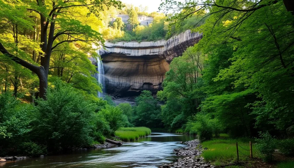 A lush, verdant forest surrounds the grand, limestone entrance of Onondaga Cave State Park in Missouri. Sunlight filters through the canopy, casting a warm, golden glow upon the weathered rock formations. In the foreground, a tranquil creek winds its way through the landscape, its gentle waters reflecting the towering cliffs and dense foliage. Distant trails beckon, inviting visitors to explore the park's hidden wonders, from the intricate cave systems to the cascading waterfalls. The scene exudes a sense of natural wonder and serene exploration, perfectly capturing the essence of "Discovering Onondaga Cave State Park".