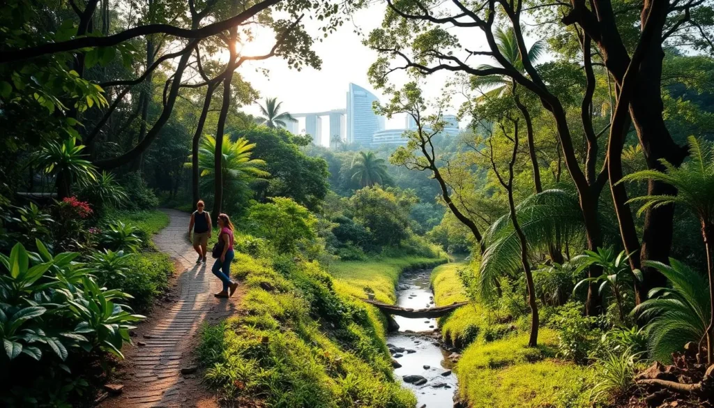 A lush, verdant forest trail winds through the heart of Singapore, dotted with vibrant flora and sunlit clearings. Family hikers stroll along the well-maintained path, taking in the serene ambiance and the distant glimpses of gleaming skyscrapers. Soft, diffused lighting filters through the canopy, casting a warm, welcoming glow over the scene. In the middle ground, a meandering stream crosses the trail, its gentle babbling providing a soothing soundtrack. The background features a mix of tropical foliage and the occasional glimpse of modern architecture, creating a harmonious blend of nature and urbanism.