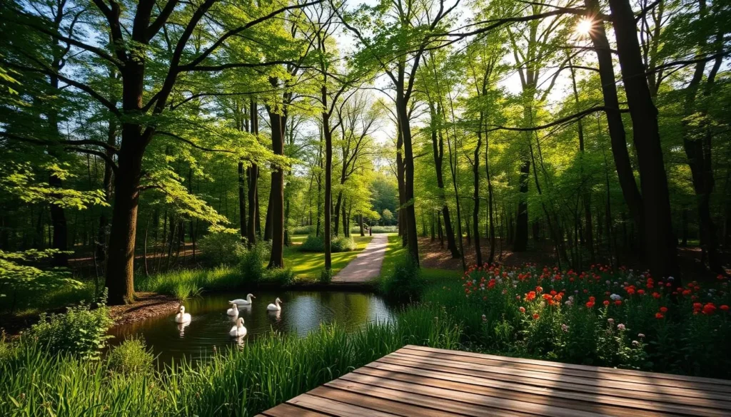 A lush, verdant forest with sunlight filtering through the canopy, revealing a peaceful wildlife observation area. In the foreground, a wooden platform overlooks a tranquil pond, where ducks and other waterfowl gracefully glide across the surface. The middle ground features a well-maintained trail, lined with vibrant wildflowers and flanked by towering trees. In the background, the dense foliage creates a sense of seclusion, inviting visitors to immerse themselves in the natural beauty of the landscape. The scene is captured with a wide-angle lens, emphasizing the depth and scale of the environment, and the warm, golden hues of the sunlight convey a serene, inviting atmosphere.