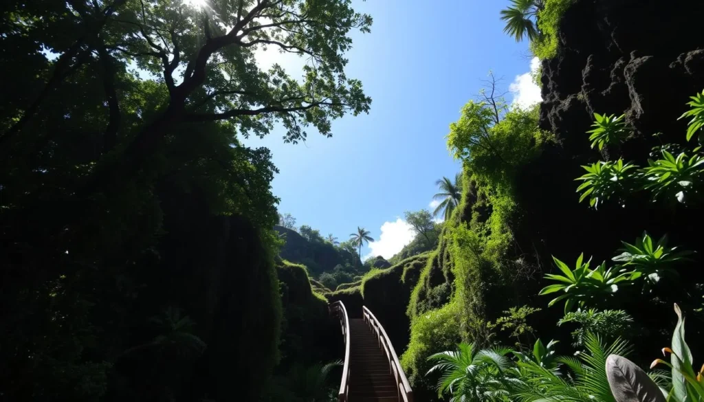 A lush, verdant forest with towering trees and a gently winding trail leading to the entrance of the Kaumana Caves. Sunlight filters through the canopy, casting a warm, natural glow over the scene. In the foreground, a wooden staircase descends into the cave's inviting maw, hinting at the mysterious wonders that lie within. The middle ground showcases the rugged, volcanic rock formations that surround the cave, with subtle shadows and textures adding depth and character. In the background, a clear blue sky with fluffy clouds creates a serene and tranquil atmosphere, perfectly complementing the peaceful and awe-inspiring nature of this Hawaiian natural wonder.