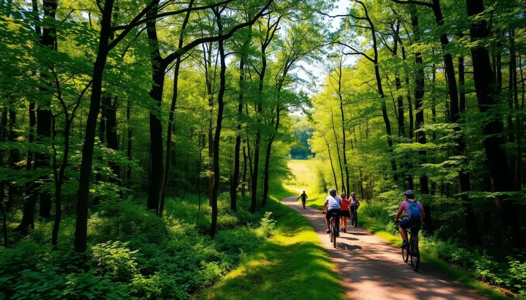 A lush, verdant forest with towering trees lining a winding trail in Doylestown, Pennsylvania. Sunlight filters through the canopy, casting a warm, golden glow on the packed dirt path as it meanders through the serene landscape. In the foreground, a group of cyclists and hikers enjoy the scenic route, their colorful gear and equipment adding a vibrant touch to the scene. In the middle ground, the trail leads towards a distant clearing, hinting at more adventures to be had. The overall atmosphere is one of tranquility and outdoor exploration, perfectly capturing the spirit of the Doylestown Bike and Hike Trails.