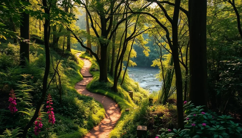 A lush, verdant forest with winding hiking trails meandering through the undergrowth. Sunlight filters through the canopy, casting a warm, golden glow on the earthy path. Towering trees line the trail, their branches reaching skyward, creating a serene and tranquil atmosphere. In the distance, a babbling brook can be heard, its soothing sounds inviting hikers to pause and take in the natural beauty. The trail winds through a diverse array of flora, from ferns and mosses to vibrant wildflowers, creating a harmonious tapestry of colors and textures. This scene perfectly captures the essence of Singapore's natural side, beckoning adventurers to explore and discover its hidden gems.