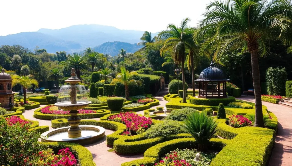 A lush, verdant garden in Cuernavaca, Mexico, Borda Garden showcases a harmonious blend of meticulously manicured landscapes and vibrant flora. Capture the tranquil scene on a bright, sunny day, with soft, diffused lighting illuminating the intricate pathways winding through flourishing flower beds and towering palm trees. In the foreground, capture the stunning architectural features, such as the ornate fountains and wrought-iron gazebos, while the middle ground reveals the serene ponds and manicured shrubbery. The background should feature the impressive mountainous backdrop, creating a picturesque and peaceful ambiance. Convey a sense of serenity and wonder, inviting the viewer to explore this lush oasis in the heart of Cuernavaca.