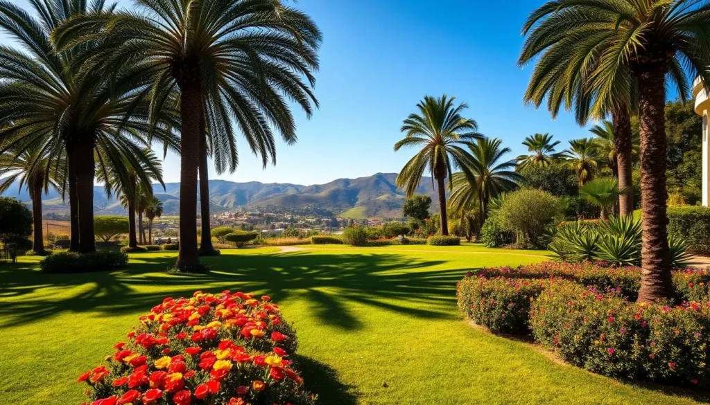 A lush, verdant garden in Huambo, Angola, on a warm, sunny day. The foreground features a well-manicured lawn dotted with vibrant flowers in shades of red, yellow, and purple. In the middle ground, a winding path leads through a grove of towering palm trees, casting gentle shadows on the ground. The background showcases the rolling hills of the Angolan countryside, with a clear blue sky overhead. The scene is bathed in a warm, golden light, creating a serene and inviting atmosphere. The overall composition evokes a sense of tranquility and natural beauty.
