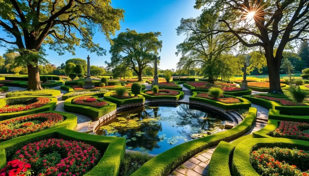 A lush, verdant garden in the Loire Valley, France, bathed in warm, golden sunlight. Vibrant flower beds, meticulously arranged, form intricate patterns and swirls, surrounded by neatly trimmed hedges. In the middle ground, a tranquil pond reflects the azure sky, with delicate water lilies floating on the surface. Winding stone pathways lead visitors through the idyllic landscape, inviting exploration. Towering trees provide dappled shade, creating a serene and peaceful atmosphere. Capture the essence of the International Garden Festival at Domaine de Chaumont-sur-Loire, a verdant oasis that showcases the finest in contemporary garden design.