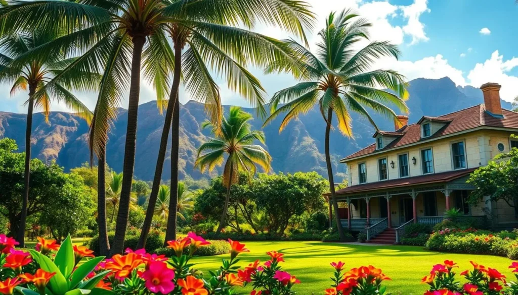 A lush, verdant garden set against the backdrop of the rugged Kauai landscape. Towering palm trees sway gently in the warm tropical breeze, casting dappled shadows across the meticulously manicured grounds. In the foreground, vibrant blooms of vibrant flowers dot the scene, their petals unfurling in the soft natural light. The historic structures of the McBryde and Allerton estates stand proud, their architectural details and weathered facades hinting at the rich legacy of this enchanting Hawaiian destination. The overall mood is one of timeless serenity, inviting the viewer to step into this idyllic oasis and explore its captivating history.