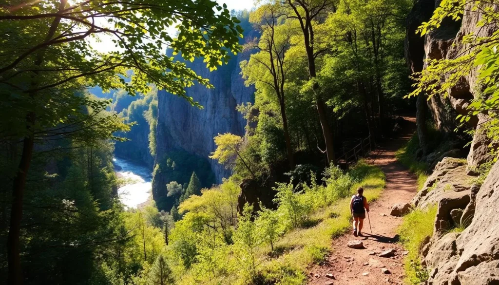 A lush, verdant hiking trail winding through the picturesque Ozark National Scenic Riverways. Towering limestone bluffs and dense forest canopy create a serene, natural atmosphere. Sunlight filters through the leaves, casting a warm, golden glow on the winding path ahead. Hikers traverse the rugged terrain, immersed in the tranquil beauty of the Ozark landscape. In the distance, the gentle flow of a pristine river can be heard, completing the idyllic scene. Capture the essence of outdoor adventure and exploration in this stunning natural wonder.