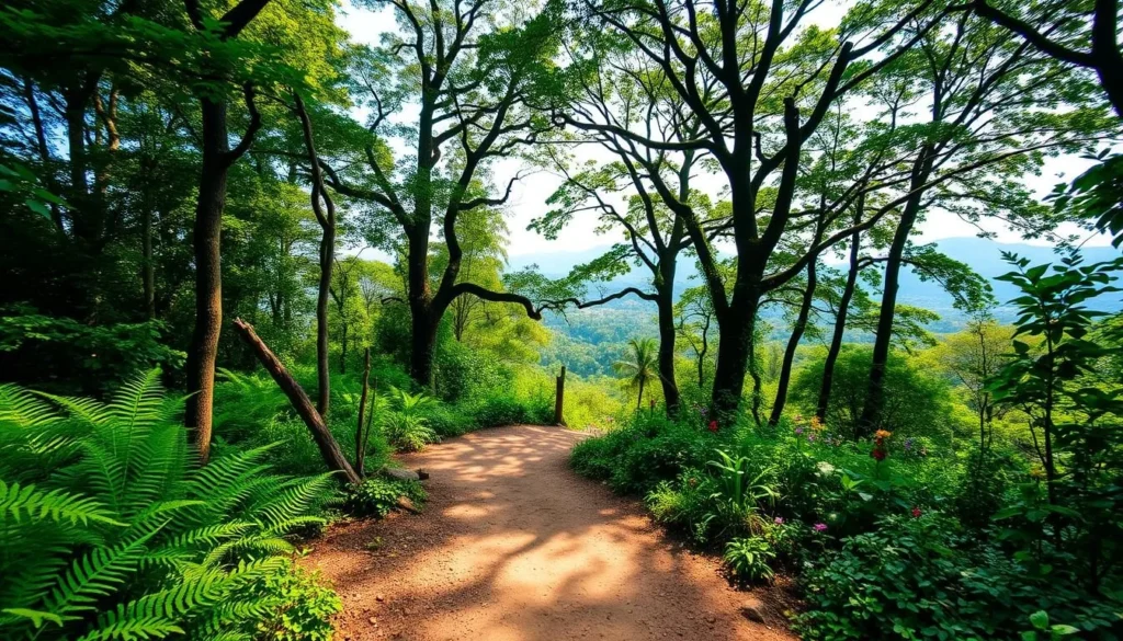 A lush, verdant hiking trail winds through a tranquil forest, dappled sunlight filtering through the canopy of towering trees. In the foreground, a well-maintained dirt path leads the way, flanked by vibrant ferns and colorful wildflowers. The middle ground reveals a scenic vista, with rolling hills and distant mountains in the background, bathed in a warm, golden glow. Capture the peaceful ambiance with a wide-angle lens, highlighting the harmony between nature and the adventurous spirit of hiking enthusiasts. Convey a sense of serenity and exploration, inviting the viewer to embark on an immersive journey through Singapore's captivating landscapes.