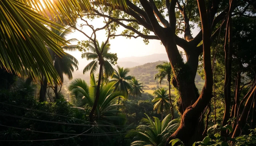 A lush, verdant jungle canopy in the heart of Banlung, Cambodia, bathed in warm, golden sunlight filtering through the swaying palm fronds. In the foreground, a network of tangled vines and ferns cover the forest floor, while towering ancient trees with twisted, mossy trunks rise up into the middle ground. The background is filled with a hazy, dreamlike landscape of rolling hills and distant mountain peaks, shrouded in a veil of mist. The overall atmosphere is one of tranquility and wonder, inviting the viewer to immerse themselves in the natural beauty of this unspoiled tropical paradise.