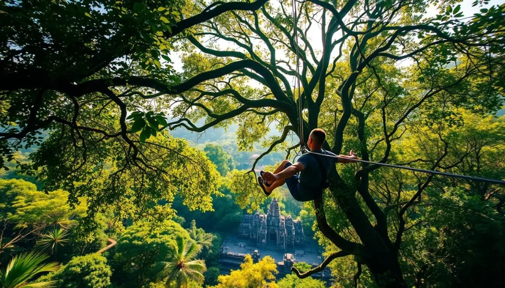 A lush, verdant jungle canopy stretches out below, dappled with rays of warm, golden sunlight. In the foreground, a person zips through the air, harnessed to a sturdy steel cable, their arms outstretched as they glide effortlessly through the scenic landscape. The mid-ground reveals the intricate web of tree branches and vines, creating a vibrant, natural backdrop. In the distance, the faint outline of ancient temple ruins can be seen peeking through the foliage, adding a sense of historical wonder to the adventurous scene. The atmosphere is one of serene tranquility, with a touch of adrenaline-fueled excitement, perfectly capturing the essence of an Angkorian adventure.