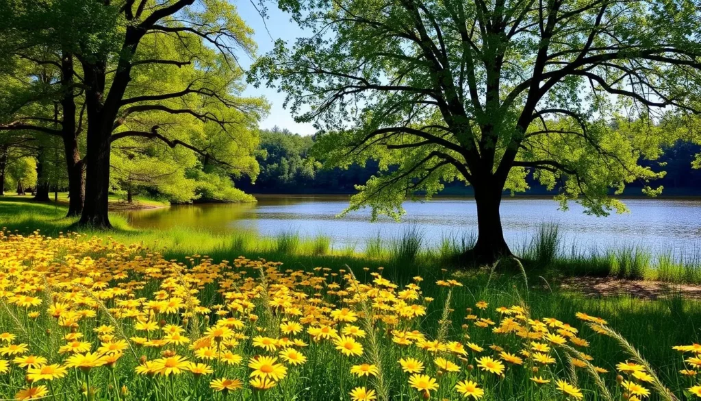 A lush, verdant lakeside scene at the Lakeside Daisy State Nature Preserve. In the foreground, a carpet of vibrant yellow daisies sway gently in the warm breeze. The mid-ground features a tranquil lake, its surface reflecting the clear blue sky above. Towering trees line the shore, their verdant canopies providing dappled shade. Soft, diffused sunlight filters through the leaves, casting a warm, golden glow over the entire scene. A sense of peaceful serenity pervades the atmosphere, inviting visitors to slow down and immerse themselves in the natural beauty of this hidden gem.