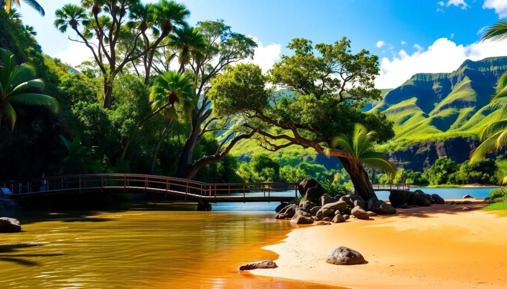 A lush, verdant landscape along the winding Wailua River, with towering tropical trees lining the riverbanks. Sunlight filters through the canopy, casting a warm, golden glow across the tranquil waters. In the foreground, a small wooden footbridge arches gracefully over the river, inviting visitors to explore the serene natural setting. Nearby, a secluded sandy beach hugs the river's edge, dotted with large boulders and swaying palm fronds. In the distance, rugged green hills rise up, creating a picturesque backdrop for this idyllic Hawaiian paradise. The scene exudes a sense of peace and relaxation, perfectly capturing the essence of Wailua River State Park.